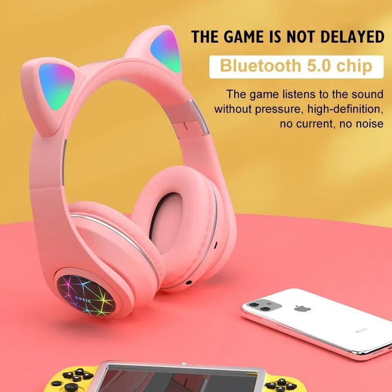 Cat ear wireless Bluetooth sports headset shown in multiple colours including pink, blue, and yellow on a white background.