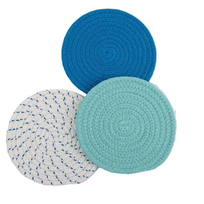 Three round cotton cord coasters in chosen colour with 18cm diameter measurement