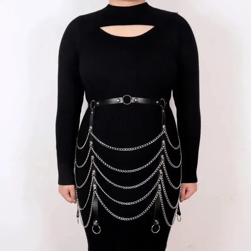 Black PU leather bandage style waist chain with silver metal links for adult female fashion.