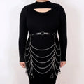 Black PU leather bandage style waist chain with silver metal links for adult female fashion.