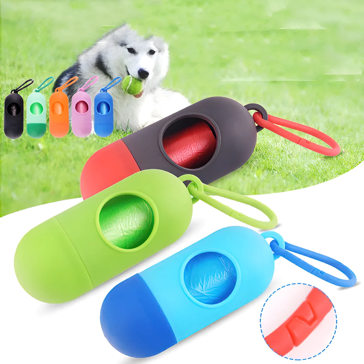 Small rectangular dog poop bag holder with a side hook and Velcro strap base.