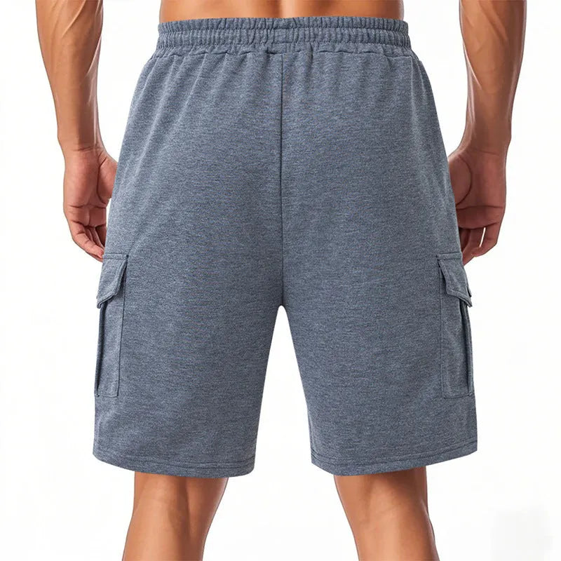Men's terry fabric cargo shorts with multiple pockets in light grey colour