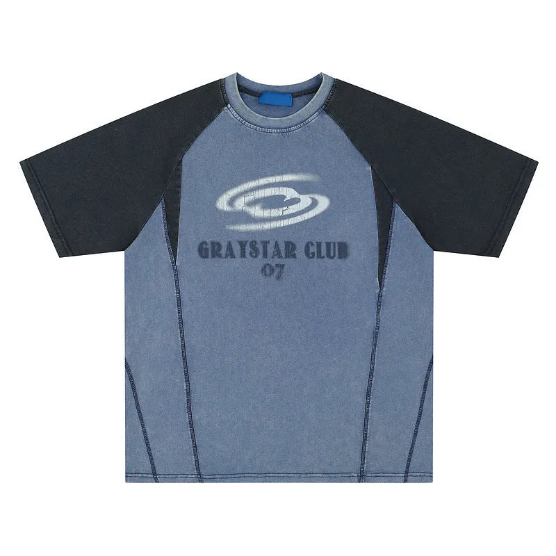 Men's blue hip hop letter print cotton t-shirt with raglan sleeves shown in loose fit