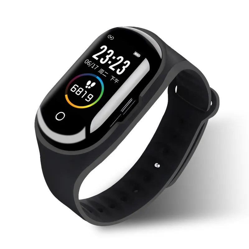 Black smart bracelet and earphone combo wearable with a 1-inch touchscreen on a silicone wristband.