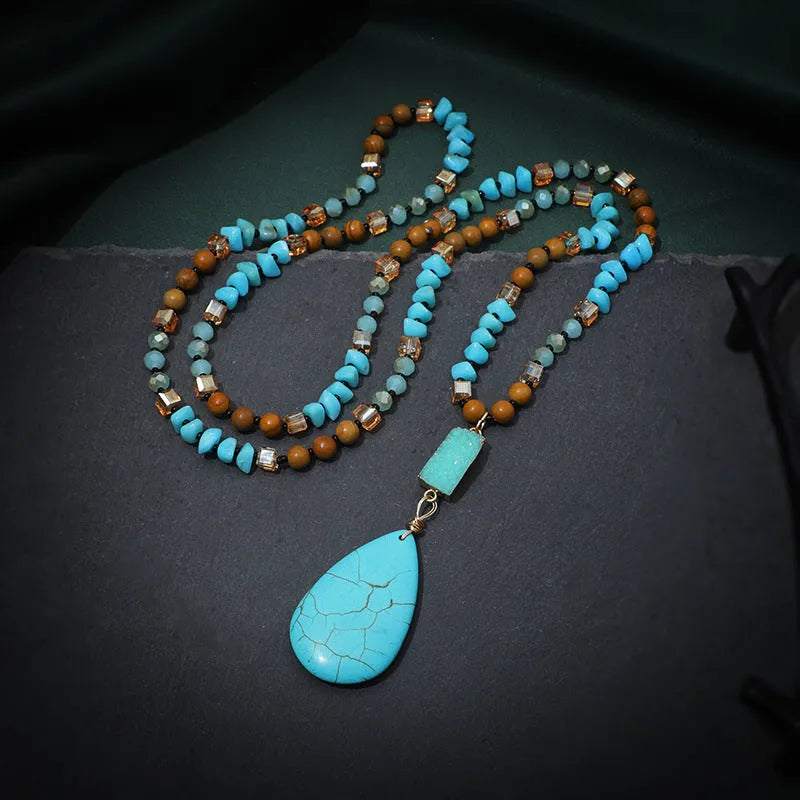 Turquoise big water drop imitation mineral pendant fashion necklace with ball bead chain