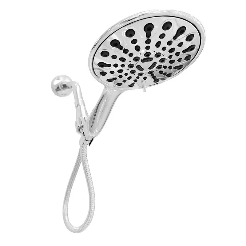 Six-function handheld shower head with electroplated metallic finish