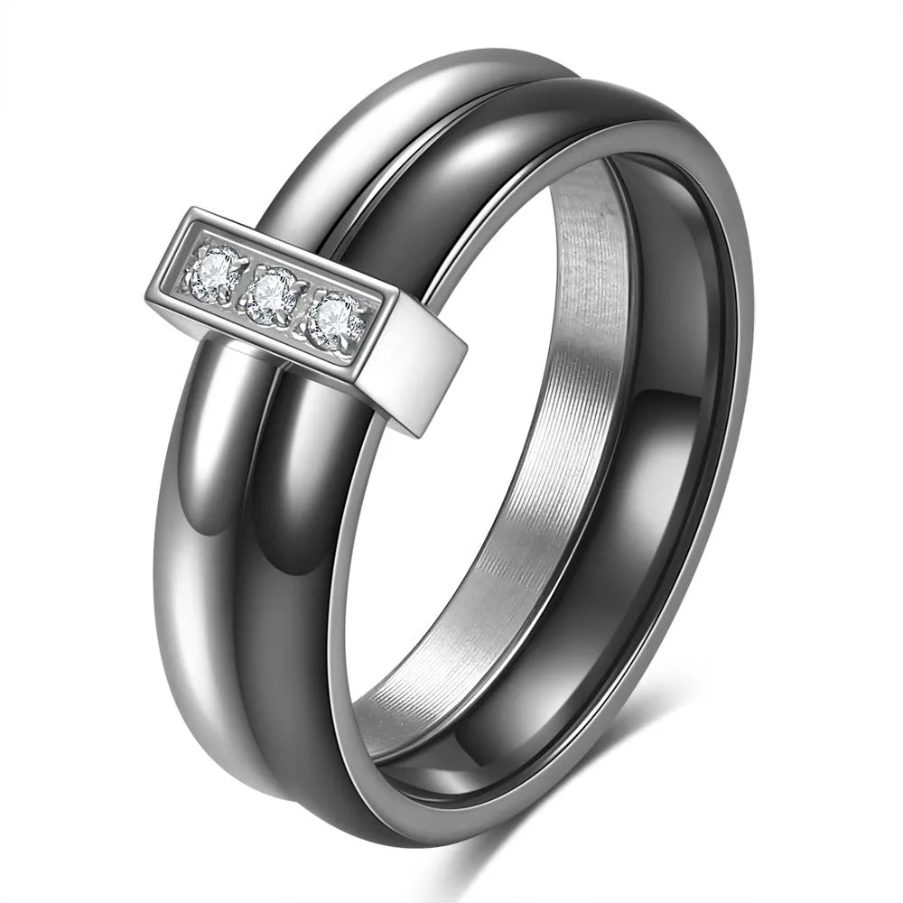 Women's 6mm ceramic ring with inlaid zirconium detailing in steel black or gold white colour