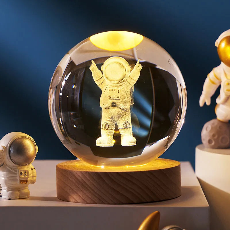 8cm white crystal ball night lamp with inner carving on a rechargeable luminous base