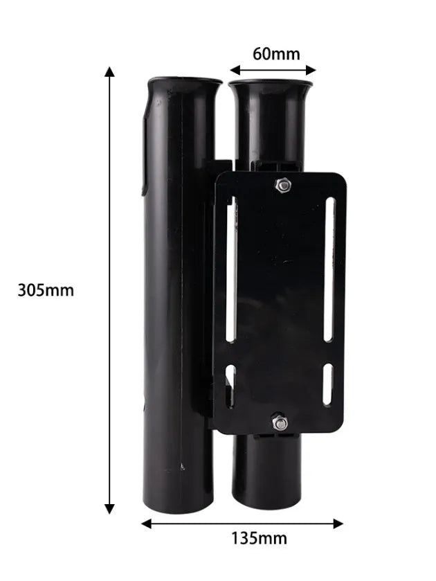 Black plastic double-layer fishing rod rack clamp mounted on a motorcycle carbon pipe frame