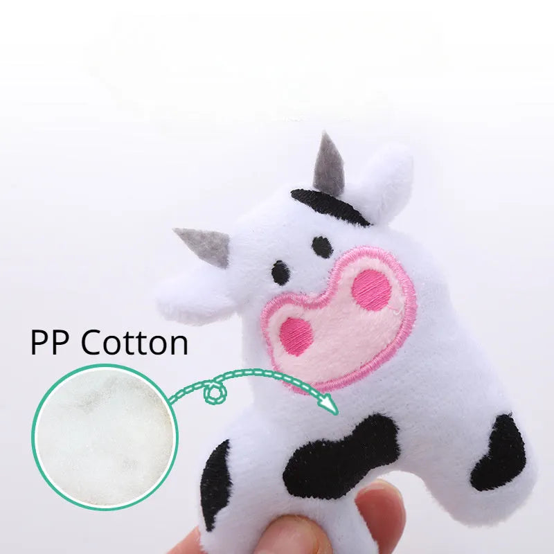Soft plush cat toy shaped like a cow, crocodile, or parrot with catnip for interactive play.