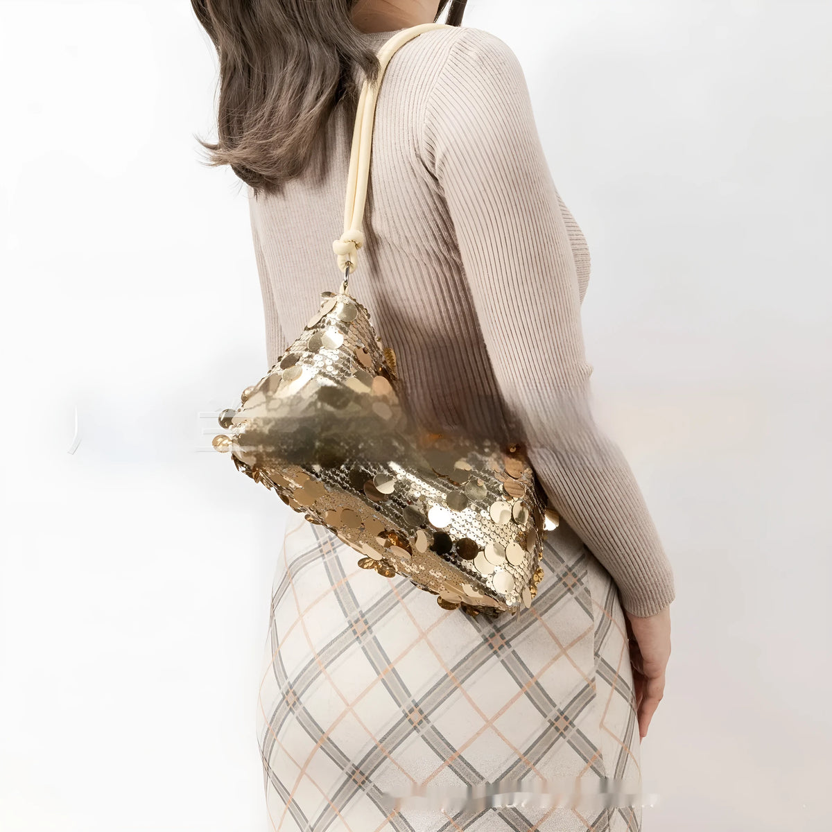 Soft polyester women's underarm crossbody shoulder bag in black, gold, or silver.