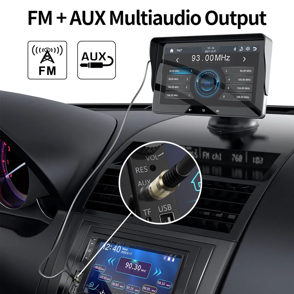 7-inch wireless CarPlay display for cars with suction cup mount and cigarette lighter power cable