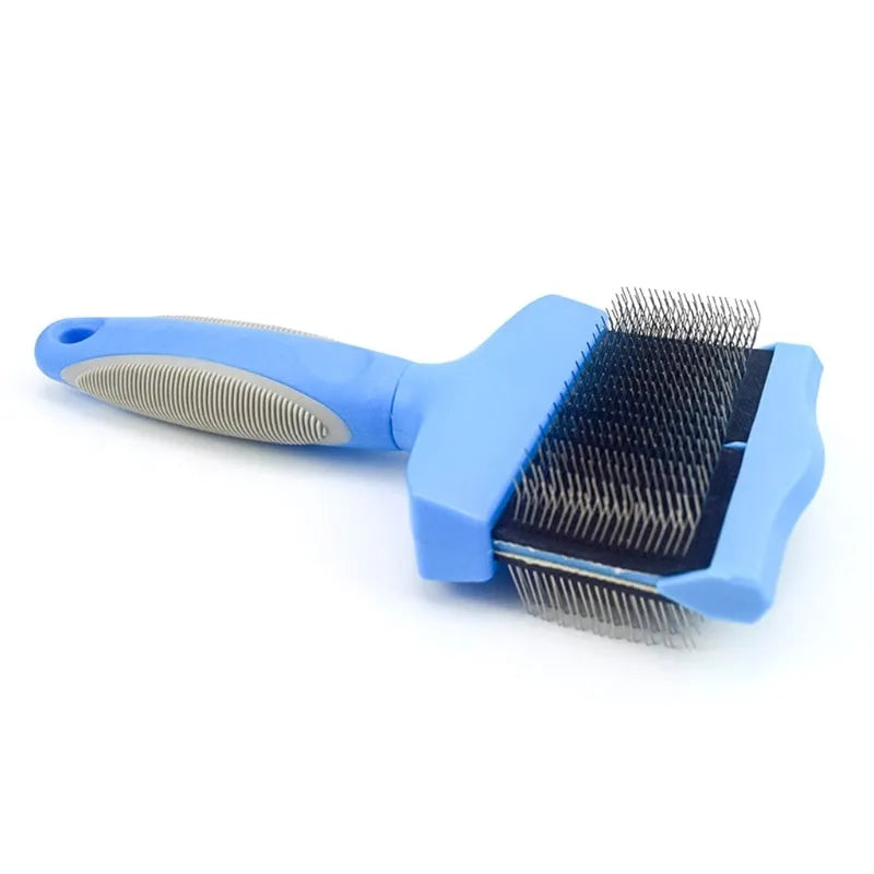Double sided pet grooming brush with stainless steel pins and blue ABS handle shown from multiple angles