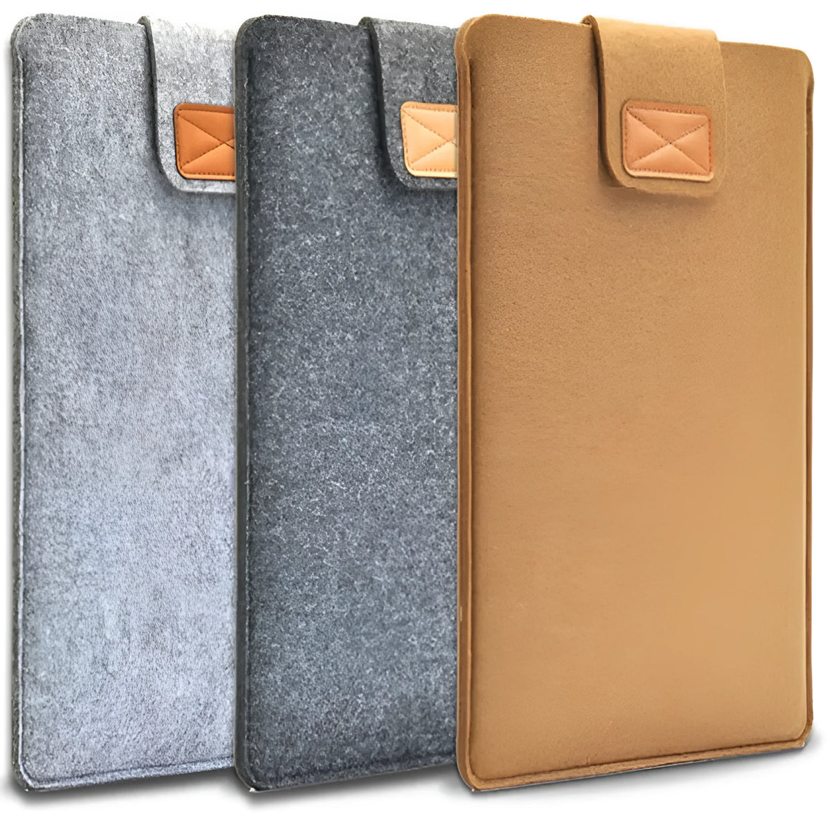 Dark grey clamshell laptop bag made of woven plush material, shown open to reveal the internal computer compartment.