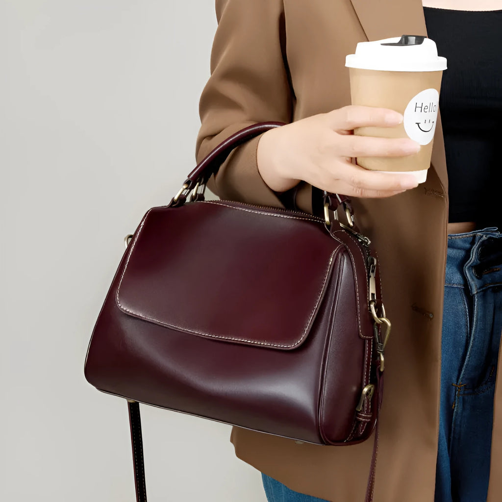Women's genuine leather crossbody tote bag in cross square shape with dual shoulder straps