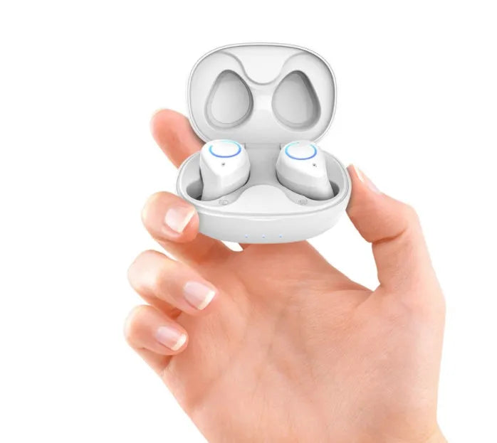M18 true wireless in-ear Bluetooth headset in black and white colour options.