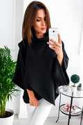 Women's long grey batwing sleeve cardigan sweatshirt with three-button front and stitching detail.