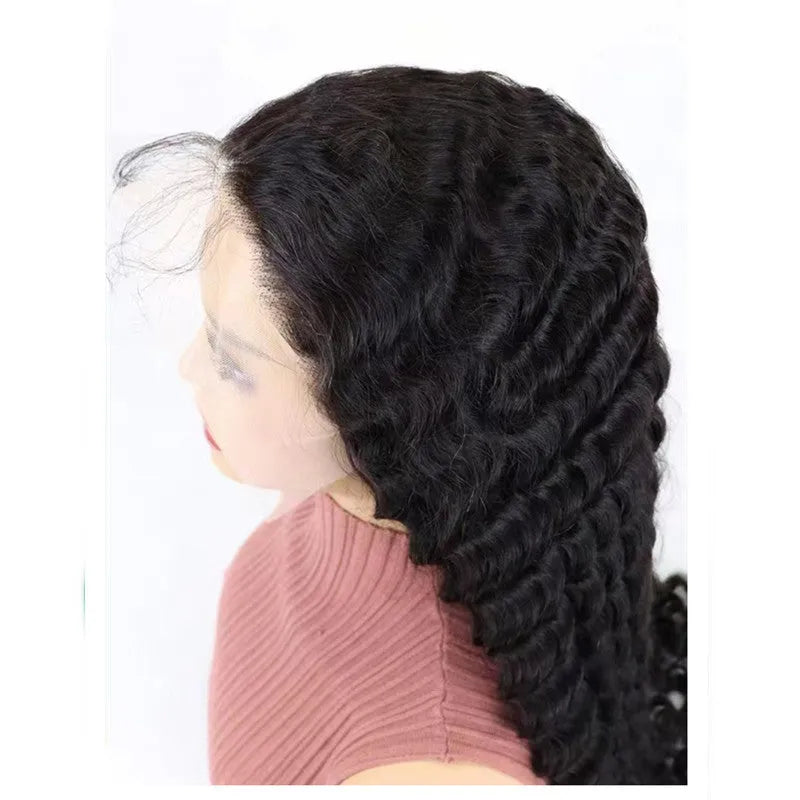 Solid colour half lace human hair wig showing natural hairline, available in lengths from 18 to 34 inches.