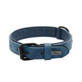 Adjustable double-layer dog collar in purple, showing PU front and microfiber back, with a buckle.