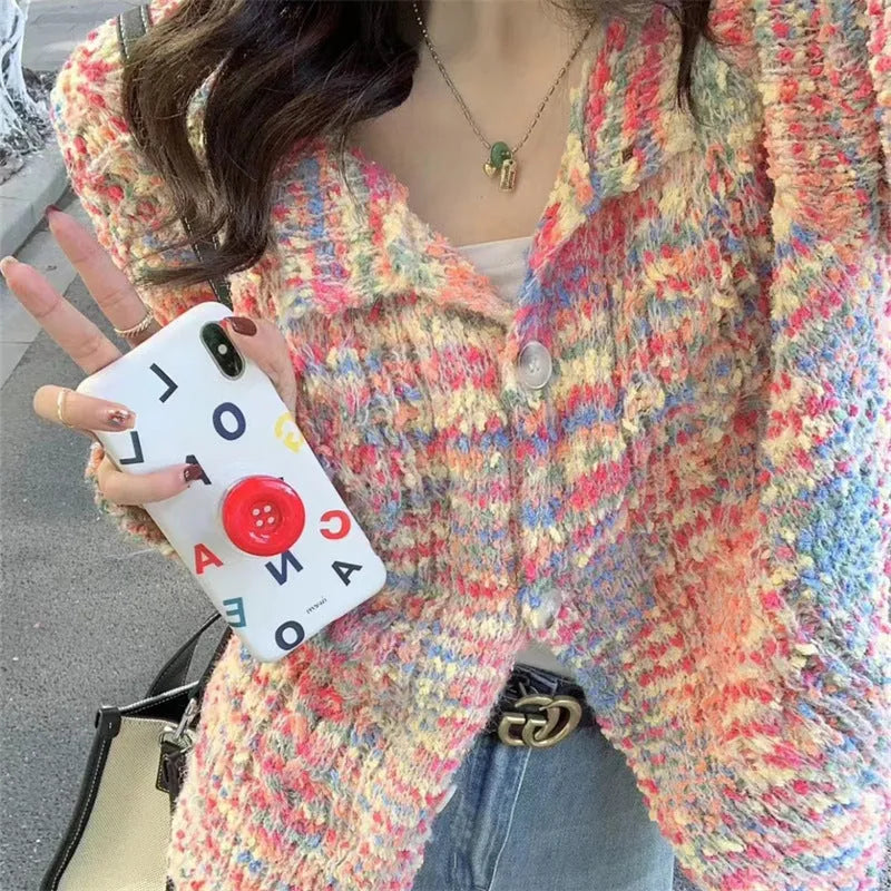 Gentle idle style knitted rainbow cardigan sweater in pink or green colour with slim fit design