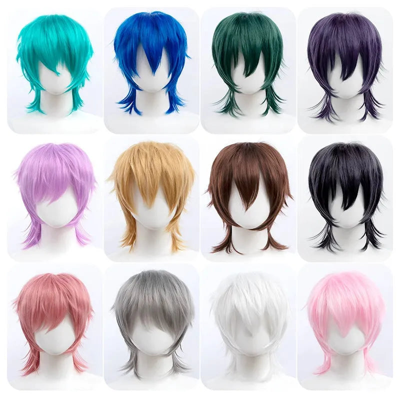 Short anime cosplay wig with a lengthened hair tail in high-temperature fibre.