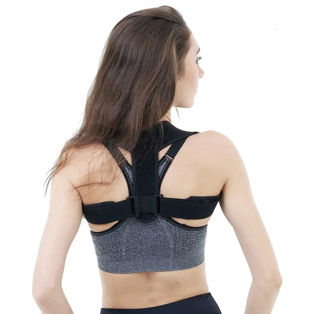 Black adjustable breathable posture correction strap shown on a white background.