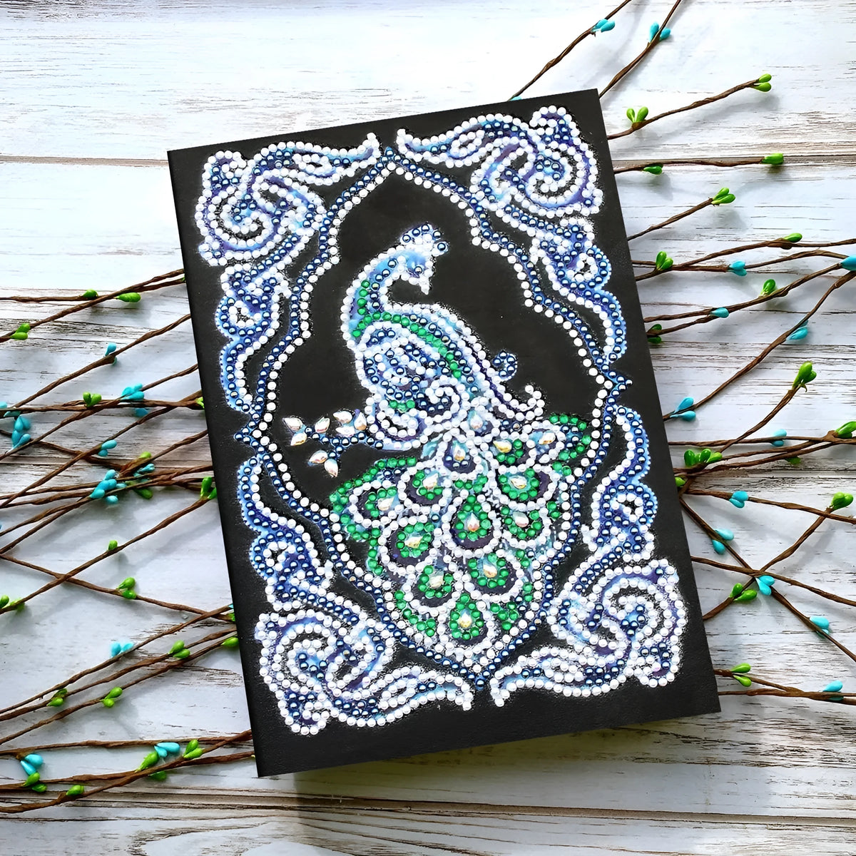Black A5 diamond painting journal notebook with shaped and bright drill crystals, measuring 142x207mm