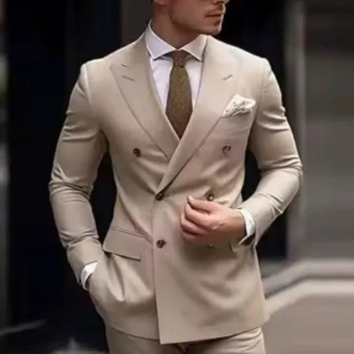 Men's grey Korean-style slim fit two-piece suit with jacket and trousers.