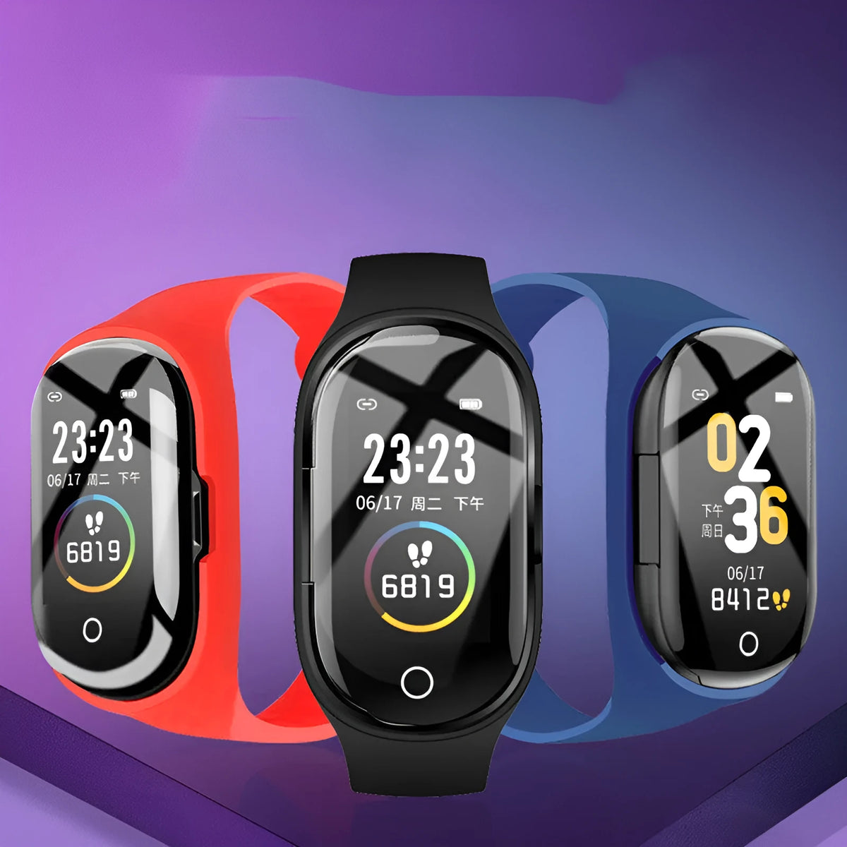 Black smart bracelet and earphone combo wearable with a 1-inch touchscreen on a silicone wristband.