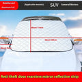 Aluminium foil car windscreen cover with edge reflective stripes for SUV frost protection.