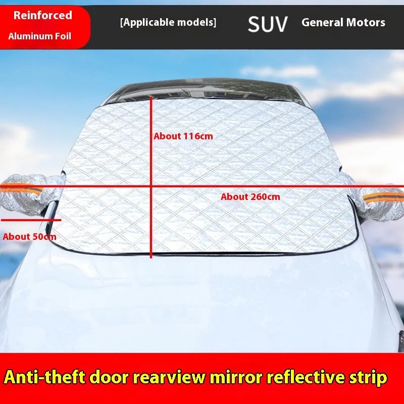 Aluminium foil car windscreen cover with edge reflective stripes for SUV frost protection.