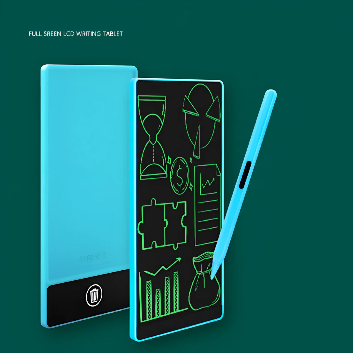 Blue and black LCD writing tablet with 6.5 inch screen and stylus for student notes.