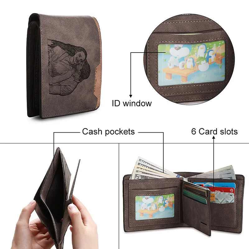 Engraved horizontal short wallet in coffee PU leather showing custom text, measuring 120x99x25mm
