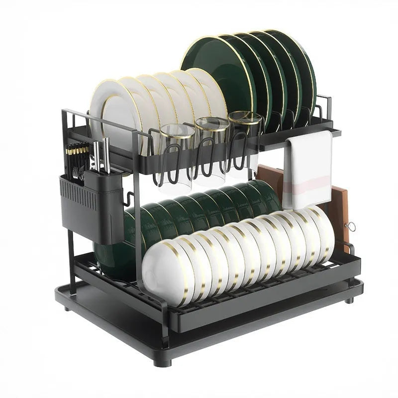 White and black double-layer removable kitchen storage rack made from carbon steel.