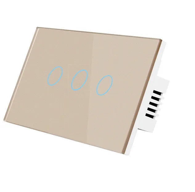 White 2-gang RF remote control wall switch with tempered glass touch panel and LED indicators