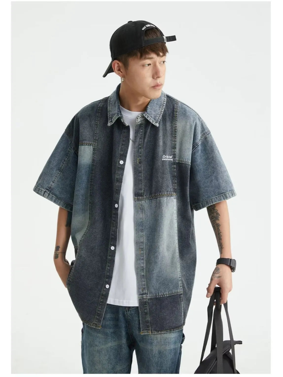 Blue Japanese-style retro washed denim shirt with loose cardigan fit and stitching detail