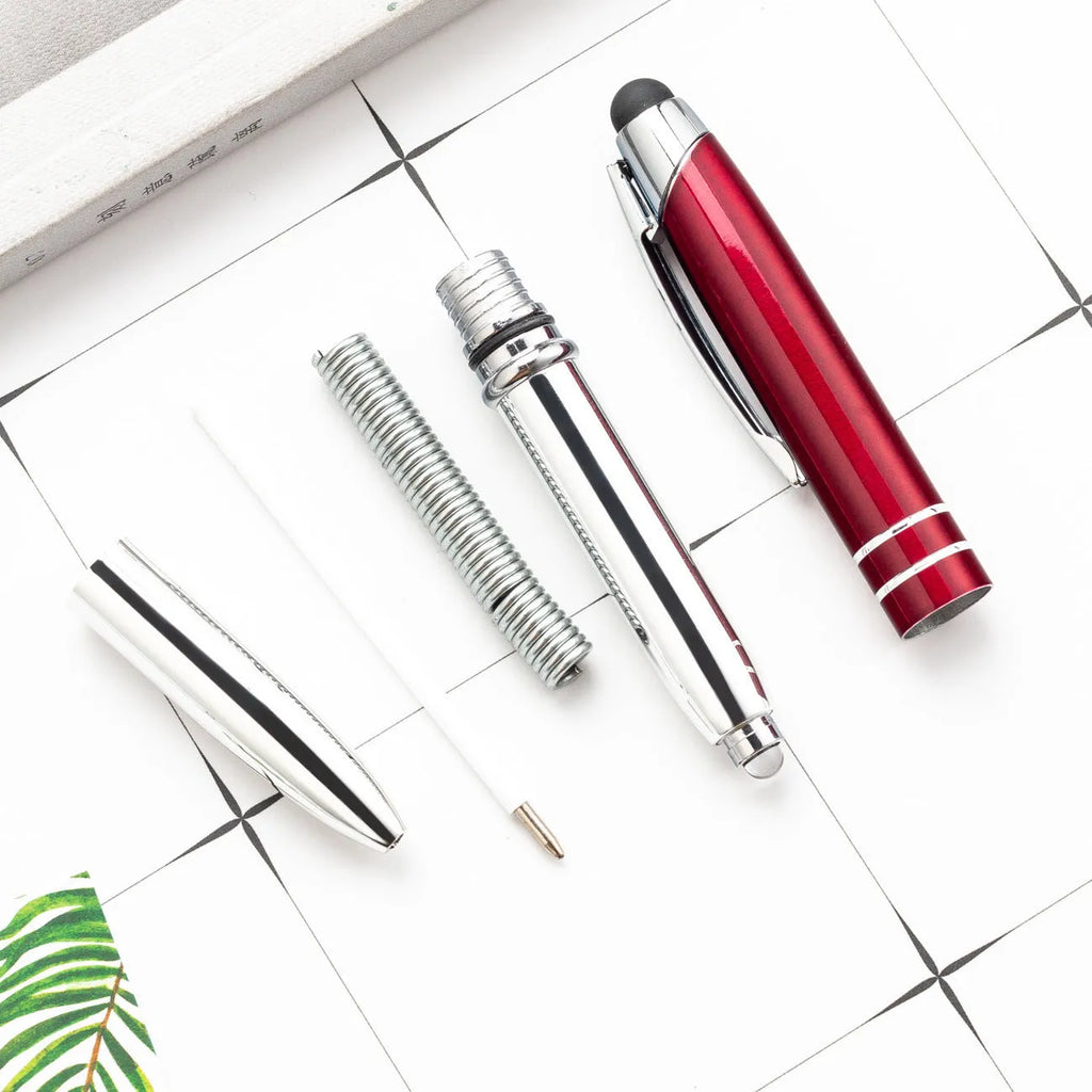 Metal multifunctional pen with capacitive stylus tip, LED light, and ballpoint writing in five colour options