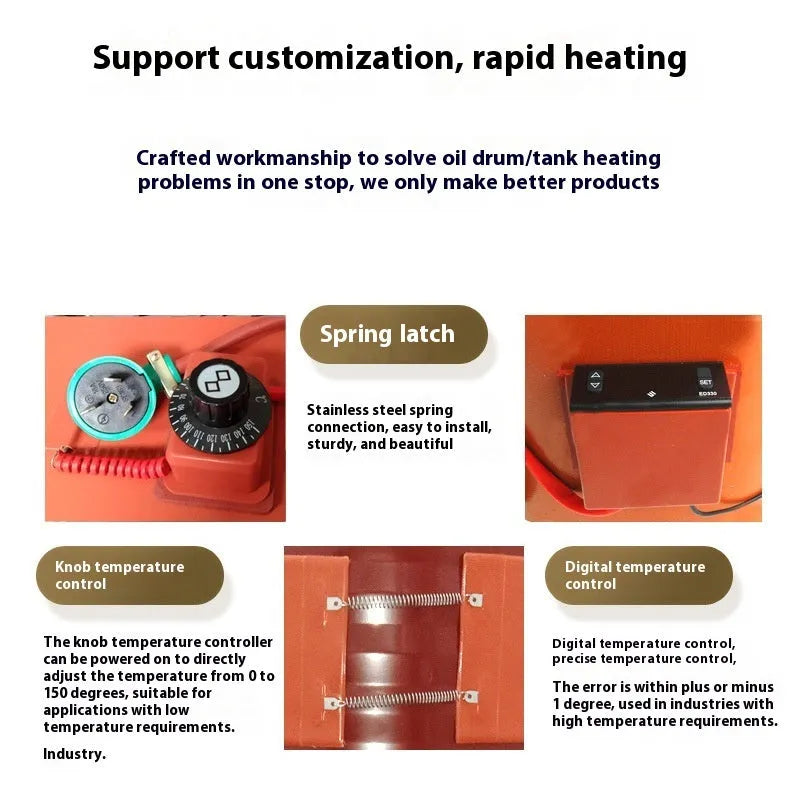 Silicone rubber heating belt wrapped around a 200-litre oil drum.