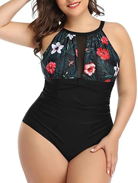 Women's black lace-trimmed one-piece swimsuit on a mannequin, front view.