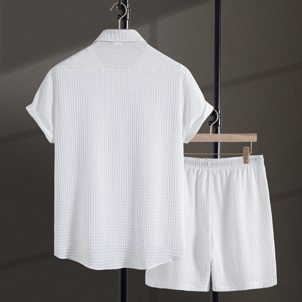 Men's cotton blend beach shirt and shorts set in black or white with short sleeves