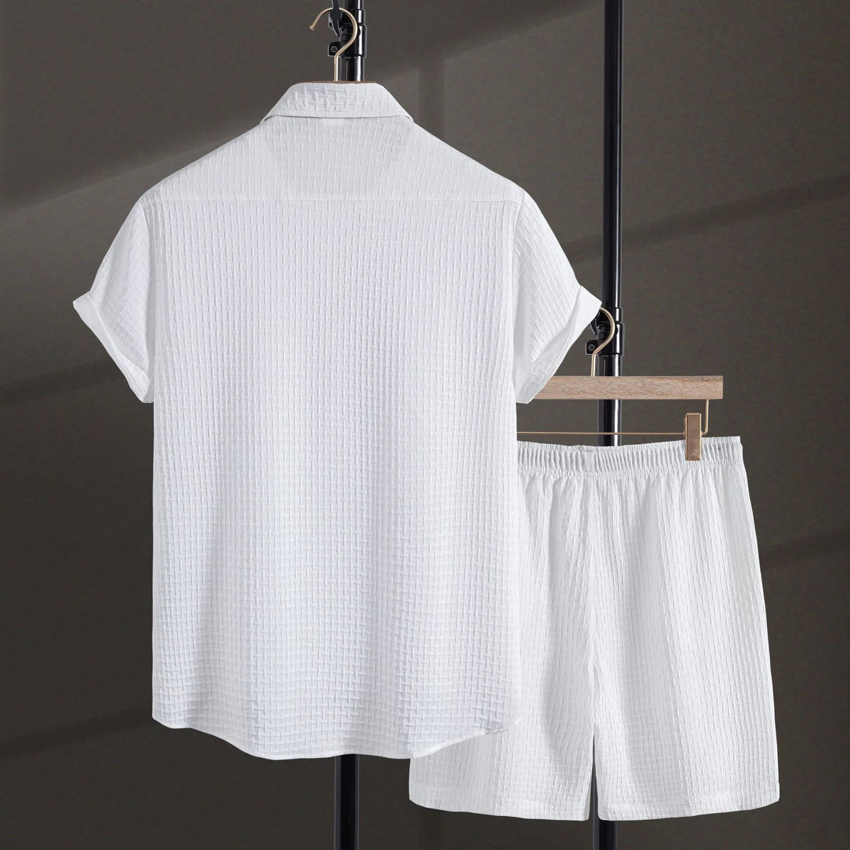 Men's cotton blend beach shirt and shorts set in black or white with short sleeves