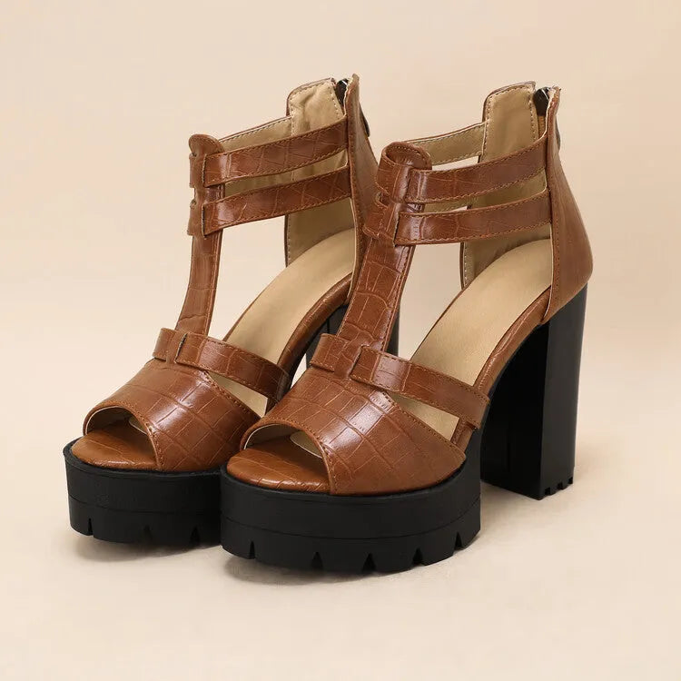 Women's black platform high heel sandals with a back zipper and round toe.