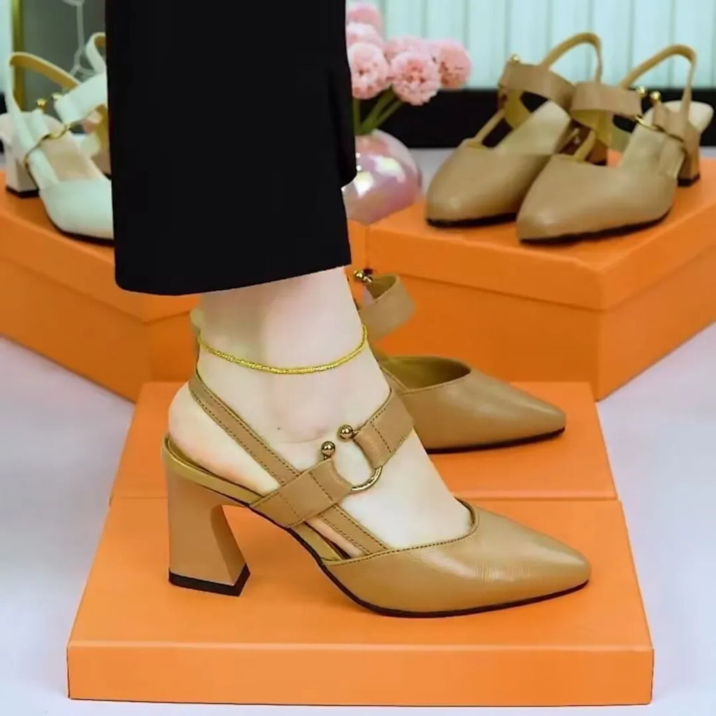 Women's apricot-colour closed toe leather sandals with a chunky heel and oversleeve back.
