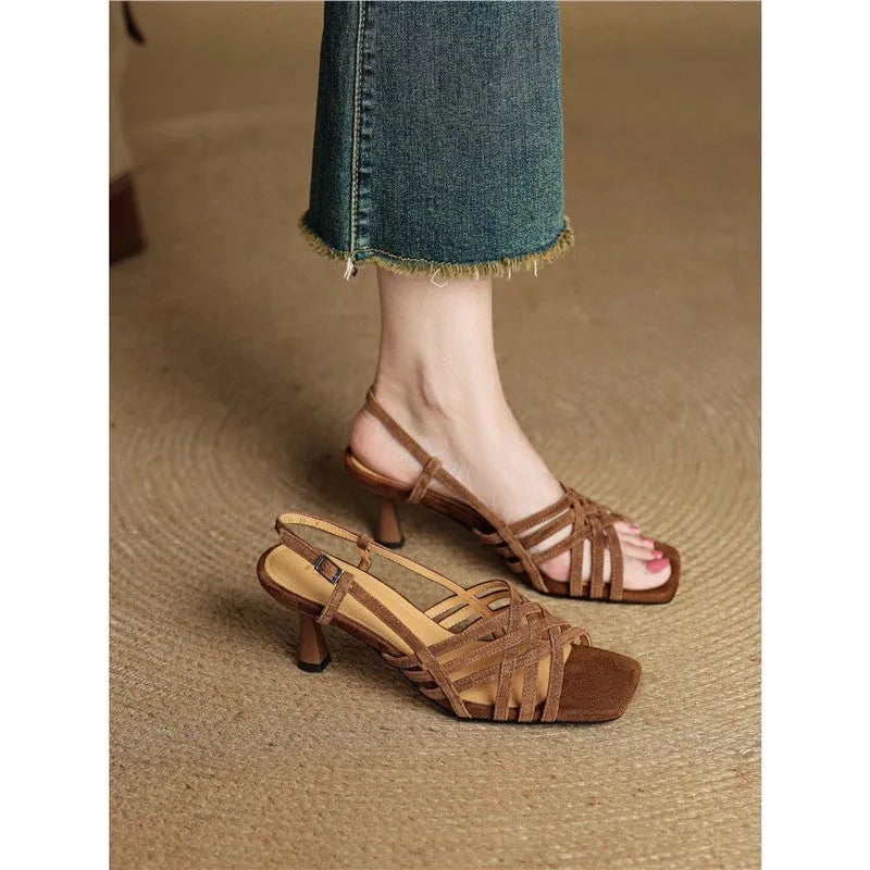 Retro soft leather thin cross strap high heel sandals with square toe and ankle buckle