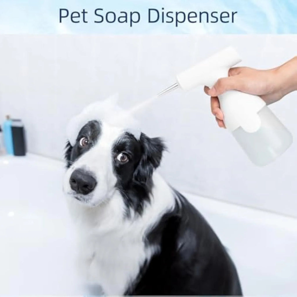 White electric foam soap dispenser with two nozzles and USB cable for rechargeable pet and home cleaning.