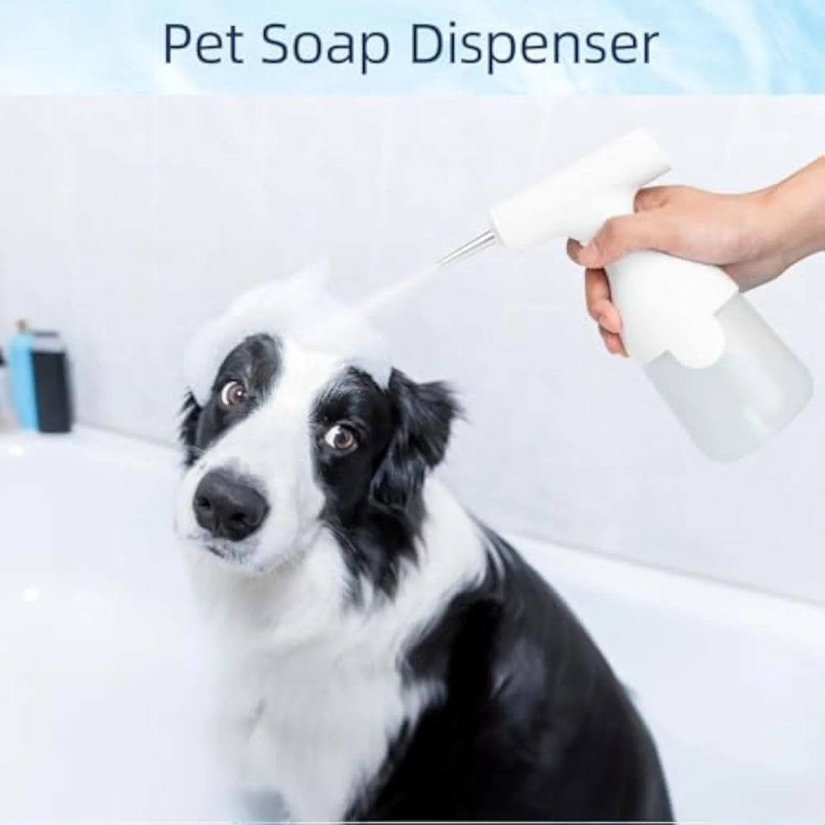 White electric foam soap dispenser with two nozzles and USB cable for rechargeable pet and home cleaning.