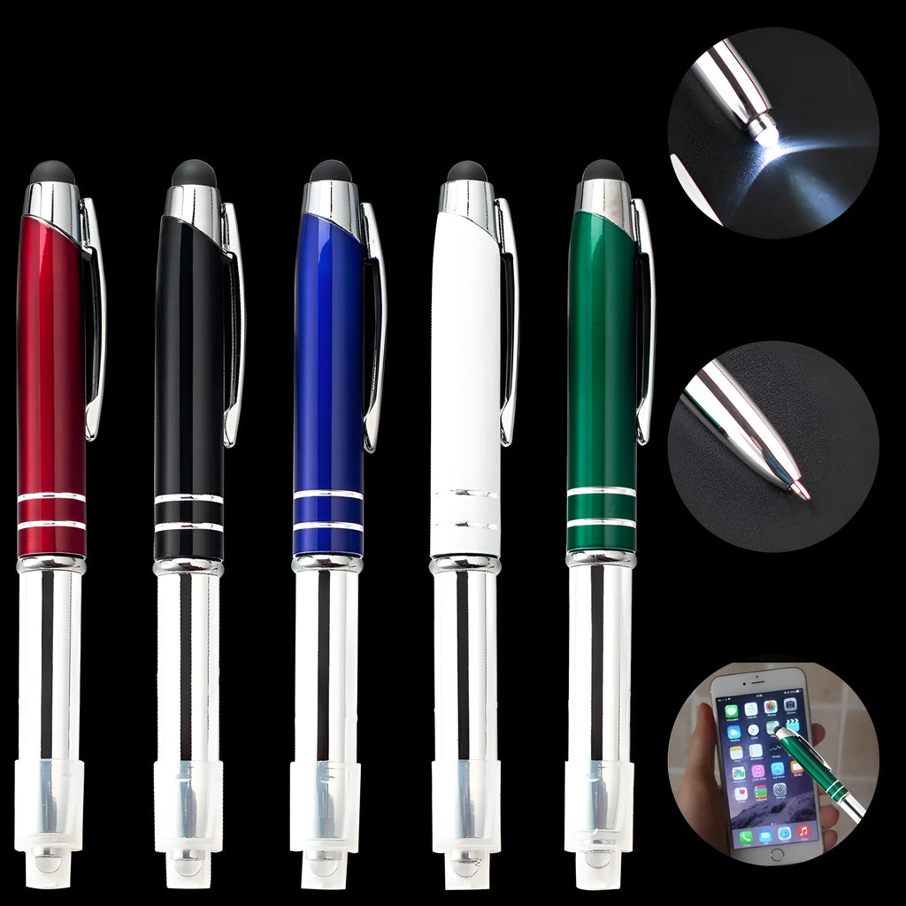 Metal multifunctional pen with capacitive stylus tip, LED light, and ballpoint writing in five colour options