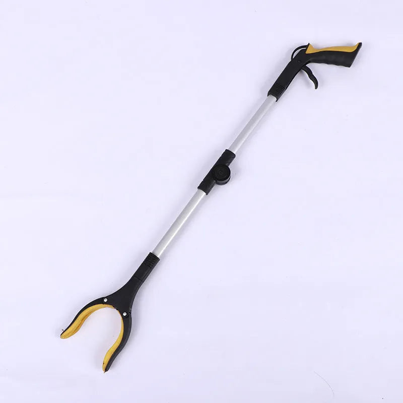 Folding aluminium garbage pick-up clamp with extended shaft and magnetic sucker attachment on a blue handle.