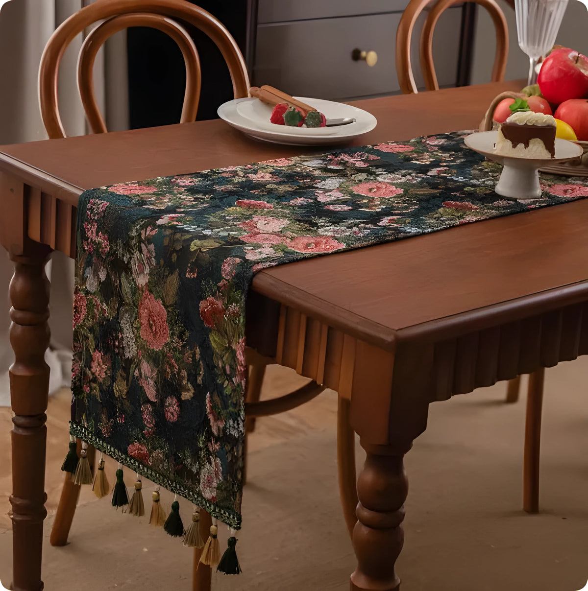Polyester cotton blend table runner with handwoven tassels in European retro style