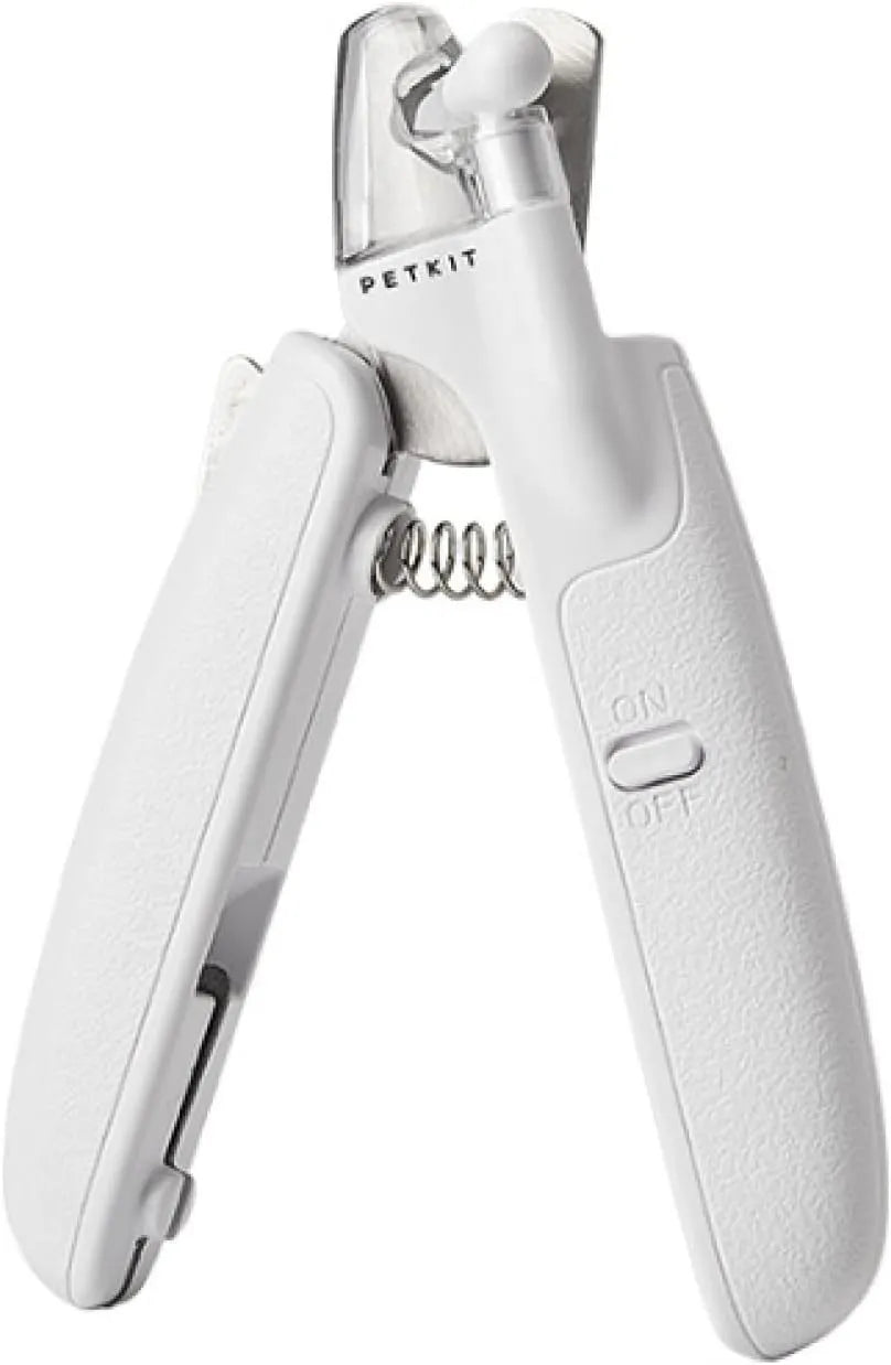 White LED pet nail clippers with transparent anti-splash guard open to show triangular stainless steel blades